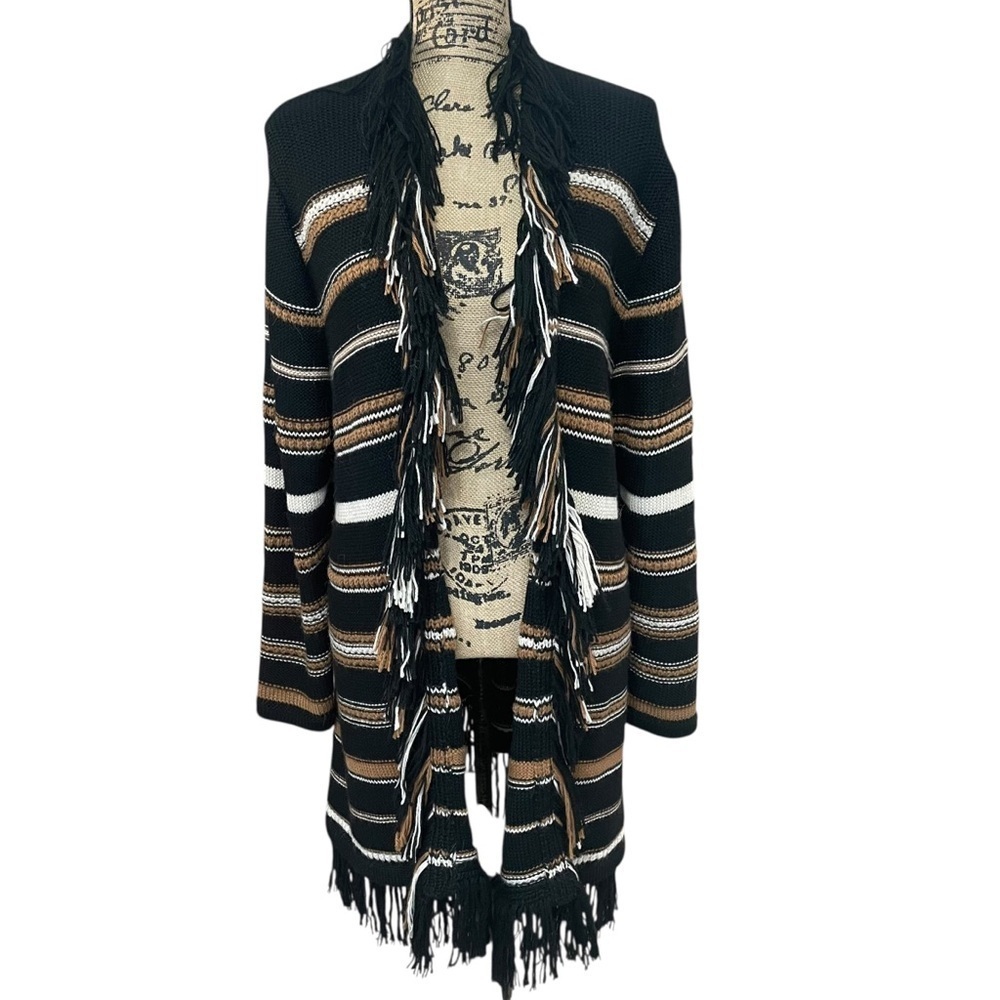 Johnny Was Ada Striped Cardigan Black Striped Fringe Alpaca Wool Size Large - Picture 9 of 9
